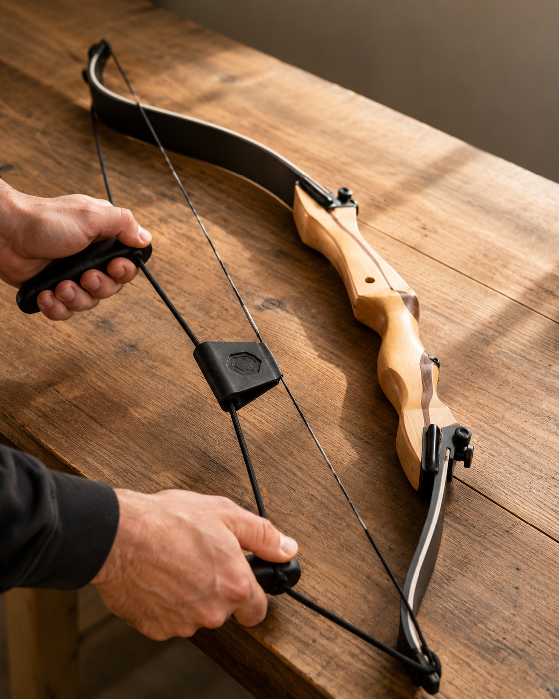 Using a bow stringer to brace a recurve bow